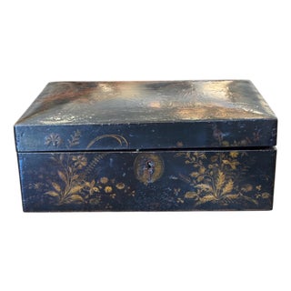 Late 19th Century Lacquered Box With Gilt Chinoiserie Scenes For Sale