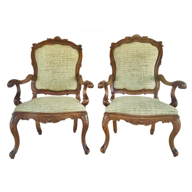 Wood Mid-18th Century Venetian Rococo Armchairs, Carved Walnut, Italy For Sale - Image 7 of 12