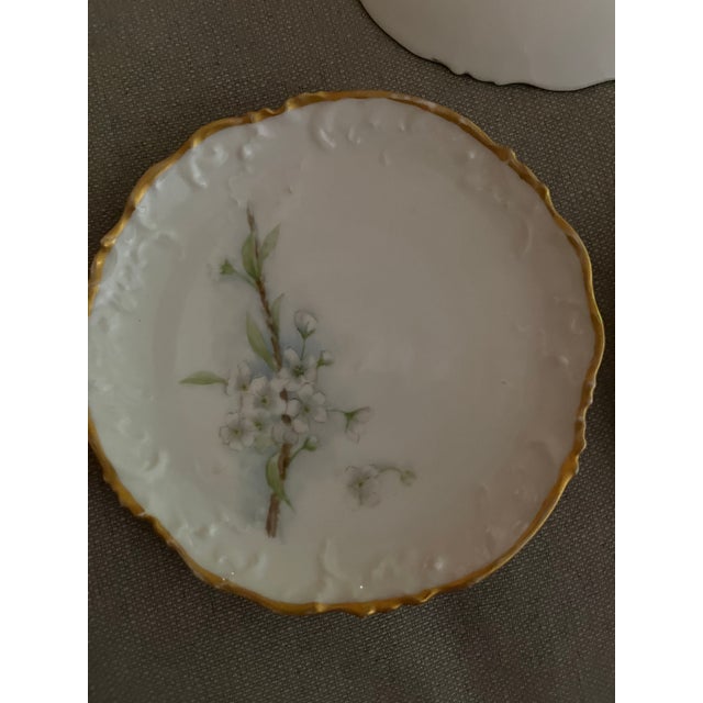 Hand painted set of bread and butter plates in green and white flowers. Gold rimmed. No cracks or chips