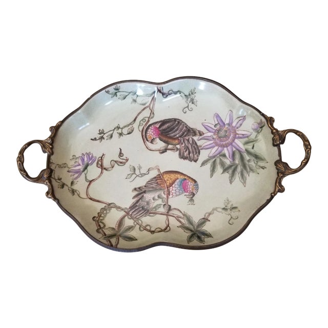 1990s Bronze Mounted Porcelain Tray With Birds For Sale