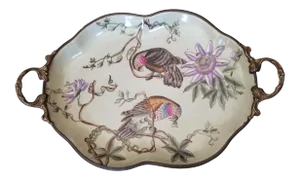1990s Bronze Mounted Porcelain Tray With Birds