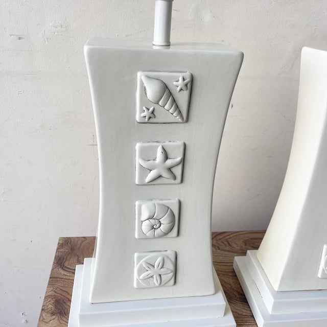 Early 21st Century Coastal Cream Sea Shell Ceramic Table Lamps - a Pair For Sale - Image 5 of 6