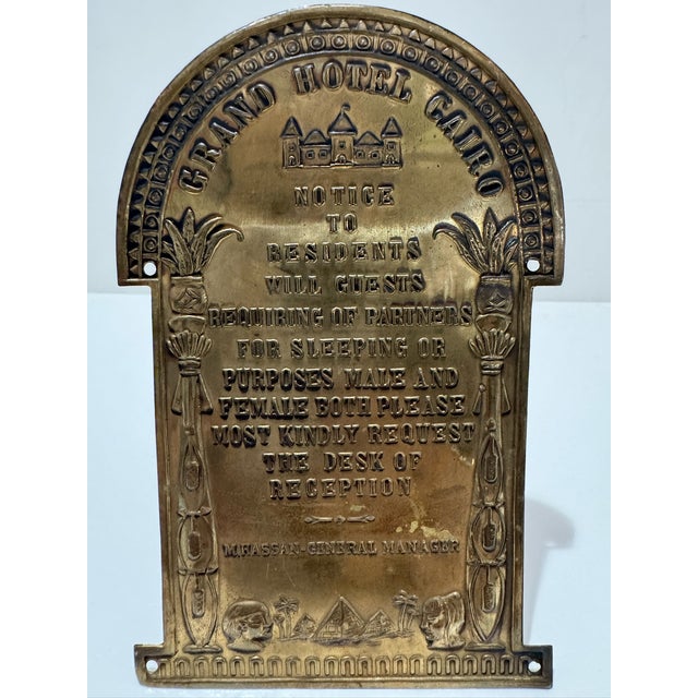 Metal Vintage Grand Hotel Cairo Cast Brass Sign Egyptian Revival Hotel Notice Plaque For Sale - Image 7 of 7
