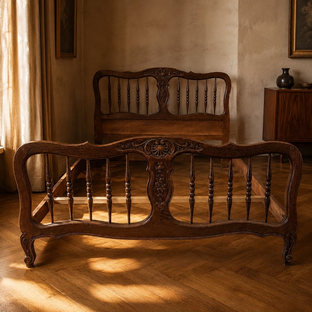 Vintage 20th Century Carved Wooden Bed Frame with Ornamental Headboard & Footboard For Sale - Image 14 of 14