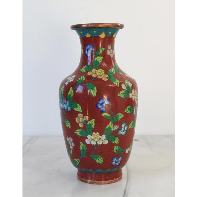 Chinese Set of Two Chinese Copper Enamel Cloisonné Floral Vases For Sale - Image 3 of 11