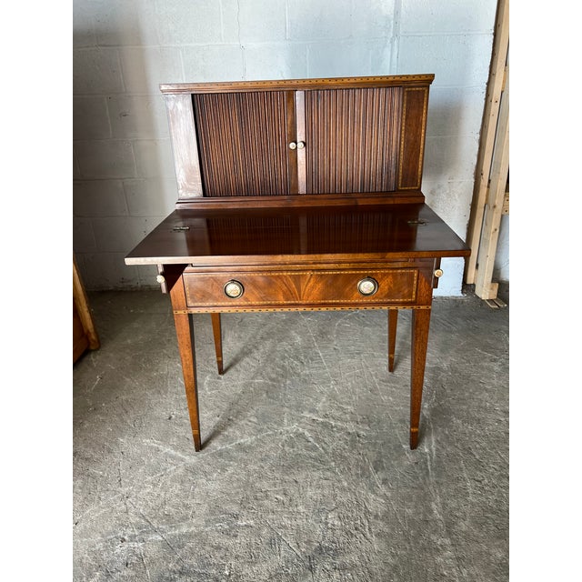 Early 20th Century Hepplewhite Style Mahogany Inlaid Secretary Writing Tambour Desk. For Sale - Image 16 of 17