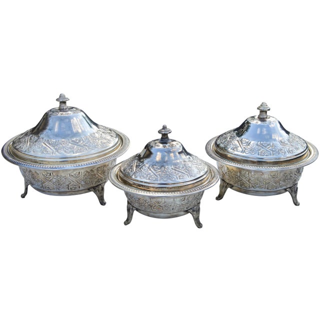 Art Deco Mid 20th Century Handcrafted Moroccan Engraved Lidded Bowls- Set of 3 For Sale - Image 3 of 9