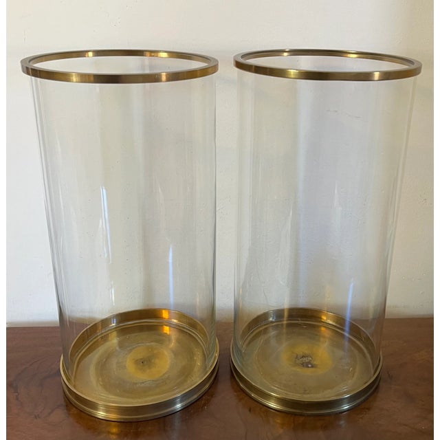 Large Ralph Lauren Brass and Glass Hurricane Pillar Candle Shades - a Pair For Sale - Image 12 of 12
