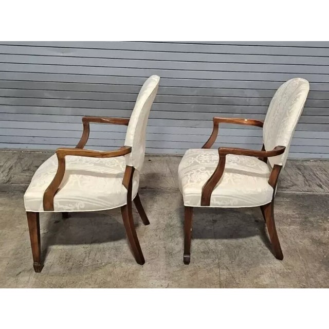 Wood Late 20th Century Pair of Southwood Mahogany Armchairs Cream Damask Fabric Bellflower Inlays For Sale - Image 7 of 9