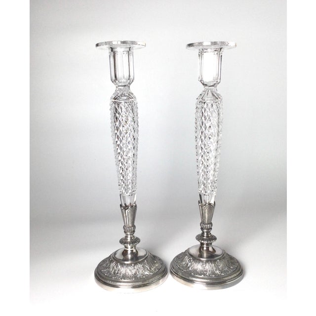 Pair of Pair Pont Cut Glass and Silver Plate Tall Candlesticks For Sale In Philadelphia - Image 6 of 11