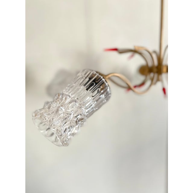 Mid-Century Modern Mid-Century Modern French Atomic Chandelier with Red Acrylic Glass Accents and Textured Glass Shades, 1960s For Sale - Image 3 of 13
