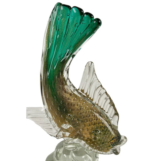 Vintage Murano Sommerso Green Gold Flecks Bollicine Italian Bubble Glass Fish For Sale In Charlotte - Image 6 of 10
