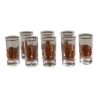 Vintage 22 Karat Gold Owl Highball Glasses- Set of 8 For Sale
