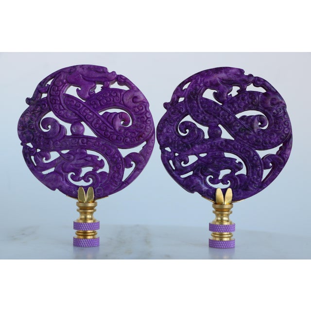 Chinese Carved Stone Dragon Lamp Finials on Brass Hardware - A Matching Pair For Sale - Image 4 of 8