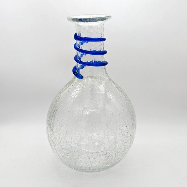 Blenko Clear Crackle Decanter #9432 Clear Crystal With Electric Blue Spiral Ribbing C 2007 For Sale - Image 10 of 12