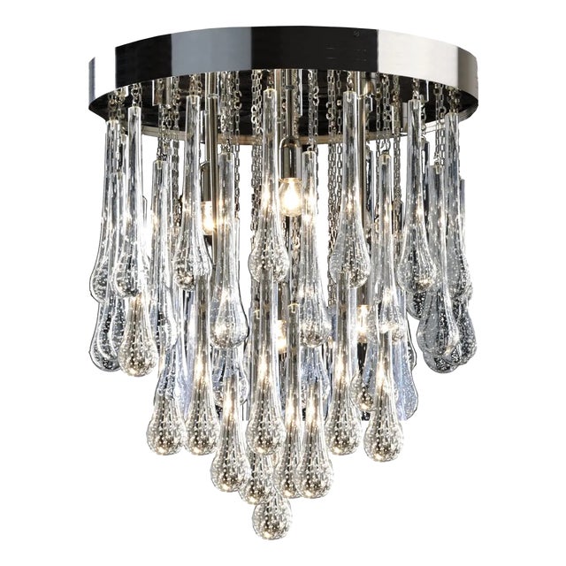 Italian Transparent "Drops" Murano Glass Sputnik Chandelier Flush Mount For Sale