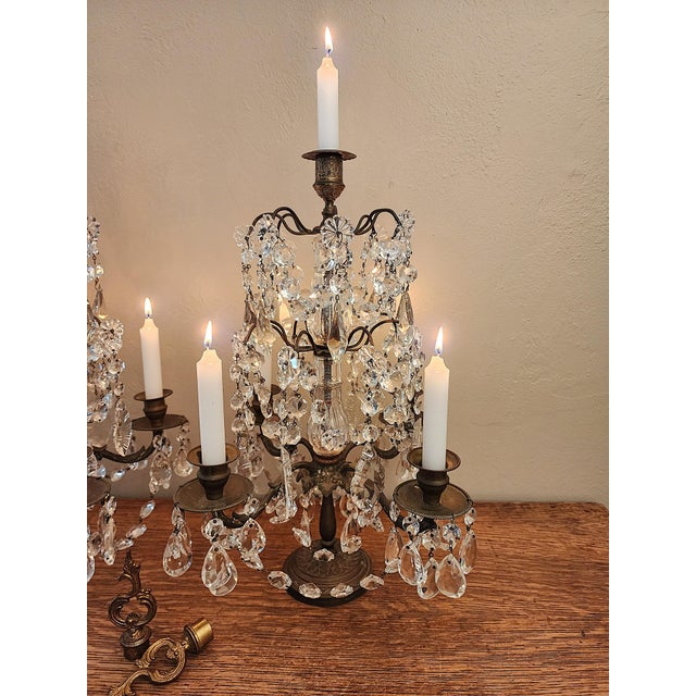 Exquisite Pair of Vintage Crystal Girandole Candelabra 5 Light Mantel Garnitures For Sale - Image 15 of 18