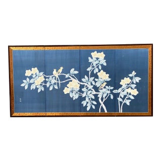 Large Vintage Hand Painted Japanese Byobu Folding Silk Screen MCM Signed Blue Gold Floral 72" For Sale
