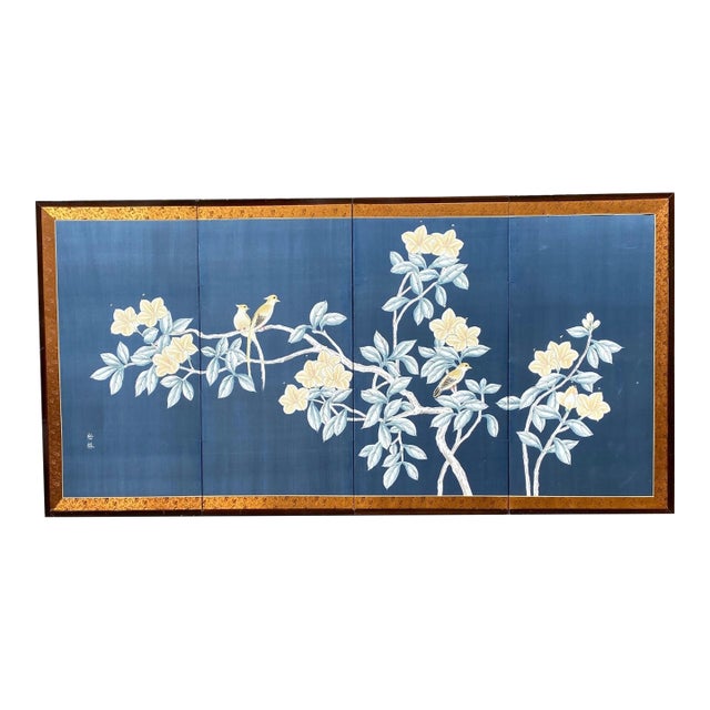 Large Vintage Hand Painted Showa Era Japanese Byobu Folding Silk Screen MCM Signed Blue Gold Floral 72" For Sale