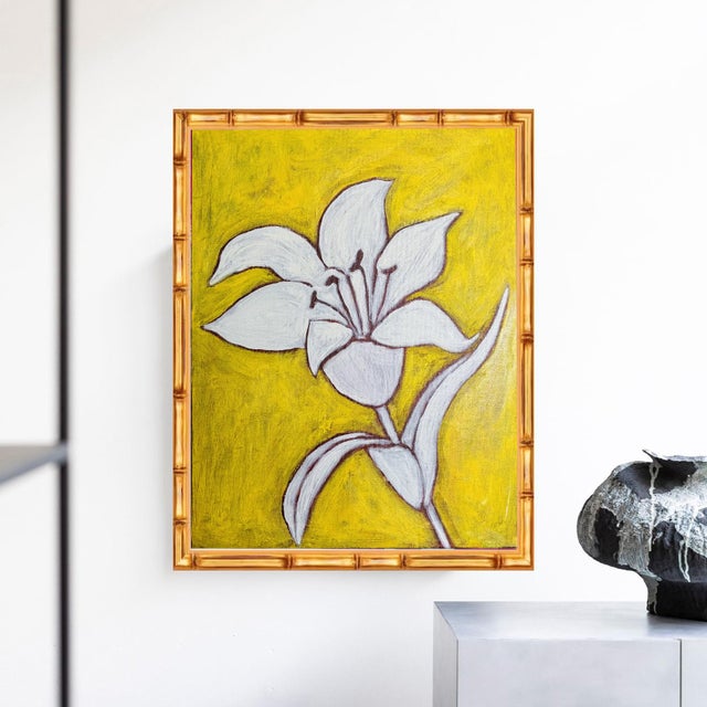 Contemporary Original Framed Flower Painting, White Yellow Botanical Wall Art, Oil Sticks on Canvas in Bamboo Frame, 11x14 Minimalist Boho Home Decor For Sale - Image 3 of 5