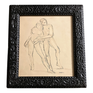 1940’s Original Abstract Male & Female Nude Pen & Ink Drawing Antique Frame Signed