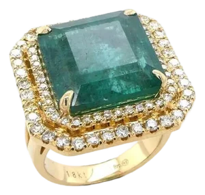Emerald Diamond Double Halo Pave Cocktail Statement 18 Karat Yellow Gold Ring, Size 6.5