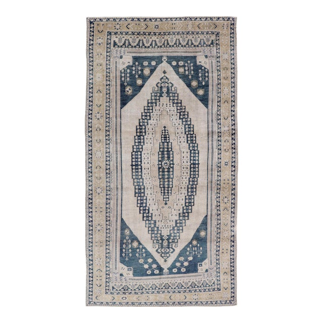 Elegant Vintage Turkish Oushak Rug With Intricate Blue & Beige Design 6'4" X 13' For Sale