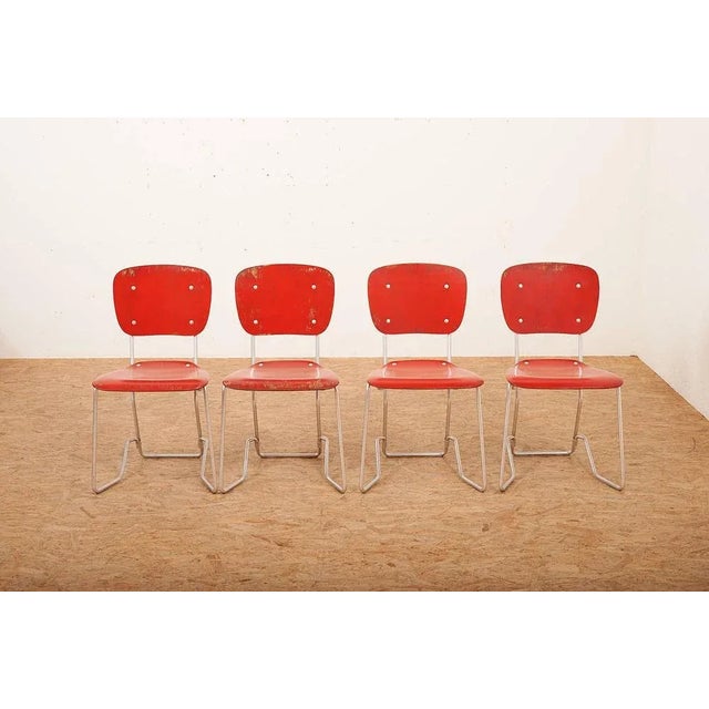 Red Alu Flex Chair Set in Aluminum Frame, Red Plywood Seat and Back by Armin Wirth for Aluflex, 1951, Set of 4 For Sale - Image 8 of 12