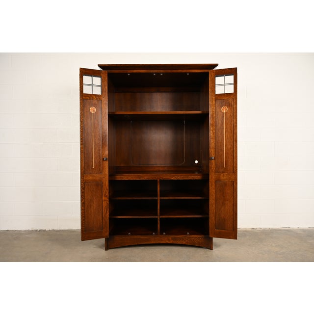 Early 21st Century Stickley Harvey Ellis Collection Mission Arts & Crafts Inlaid Oak and Leaded Glass Armoire or Media Cabinet For Sale - Image 5 of 17