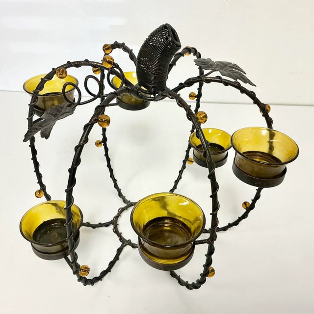 1980s Vintage Brutalist Boho Chic Metal Votive Candle Holder Pumpkin, Thanksgiving & Halloween For Sale - Image 4 of 10