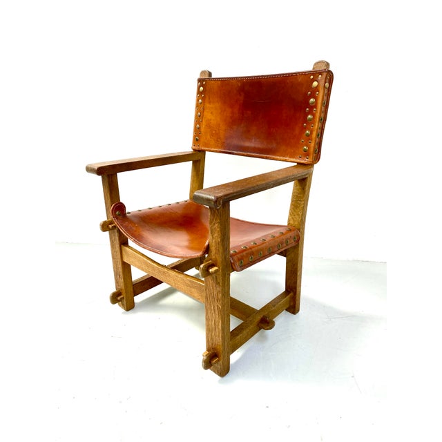 Vintage French Brutalist Castle Armchair in Oak and Cognac Leather, 1920s For Sale - Image 16 of 16