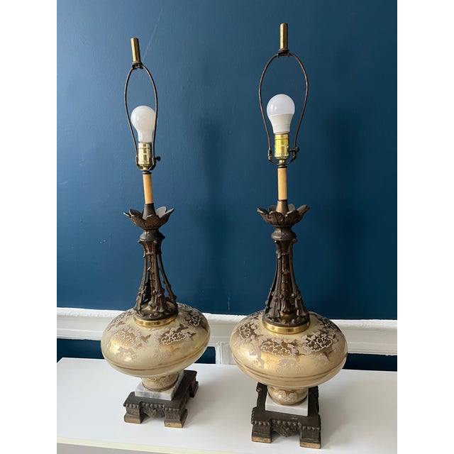 Monumental Hollywood Regency Marble, Hand-Painted Glass & Bronze Table Lamps — 40.75” - a Pair For Sale - Image 17 of 18