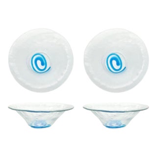 Pair of Blown Recycled Glass Baby Blue Swirl Catchall Decorative Bowls For Sale