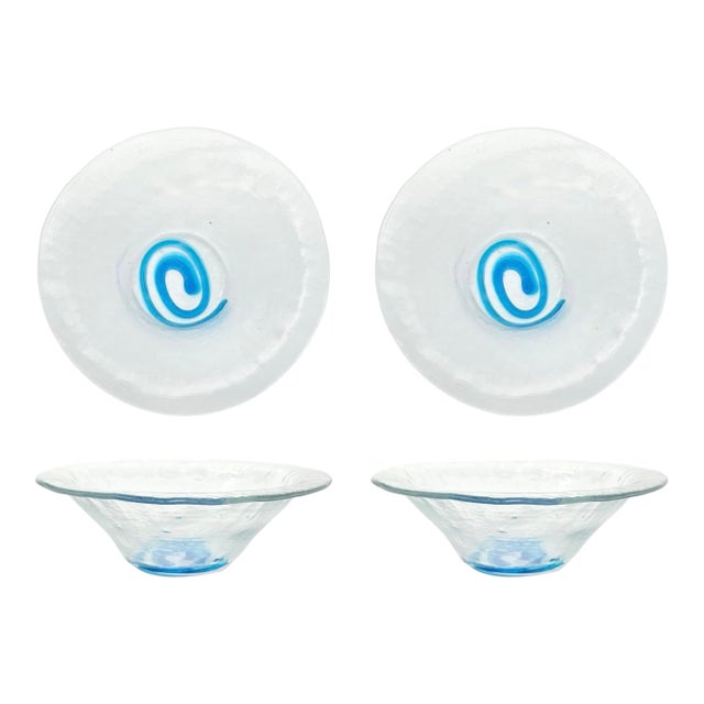 Pair of Blown Recycled Glass Baby Blue Swirl Catchall Decorative Bowls For Sale