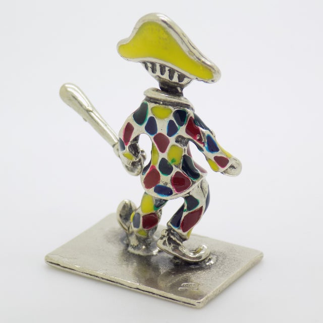 1970s Vintage Italian Handmade Genuine Silver Carnival Harlequin Enamel Figurine For Sale - Image 5 of 9