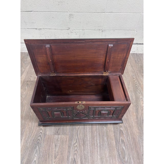 Antique Indian Rajasthani Geometric Carved Solid Hardwood Bridal Dowry Chest For Sale - Image 4 of 12
