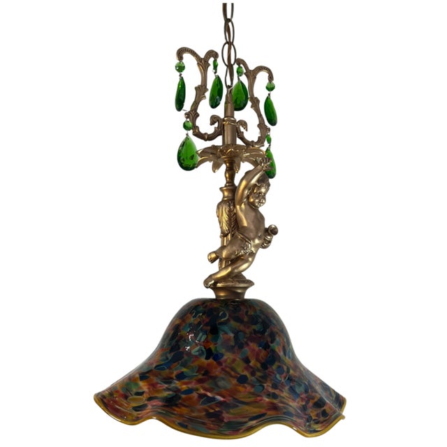 Metal Signed Confetti Art Glass Shade Cherub Pendant Light For Sale - Image 7 of 17