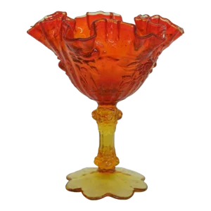 Fenton Cabbage Rose Style Amberina Glass Ruffled Compote Candy Dish