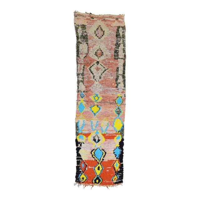 Vintage Quirky Moroccan Colorful Geometric Large Scale Wool Runner - 2'10" x 9'2" For Sale