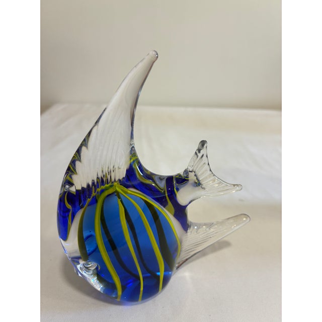 Glass Vintage Blown Art Glass Fish Sculpture – Blue & Yellow Striped For Sale - Image 7 of 11