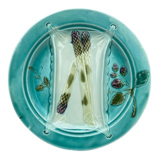 19th Century Majolica Turquoise Asparagus Plate Luneville For Sale