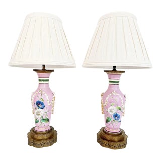1940s French Floral Urn Lamps & Shades - A Pair For Sale