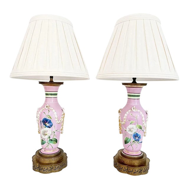 1940s French Floral Urn Lamps & Shades, Pair For Sale
