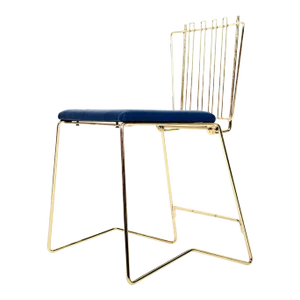 Brass Finish Faux Blue Leather Folding Chair