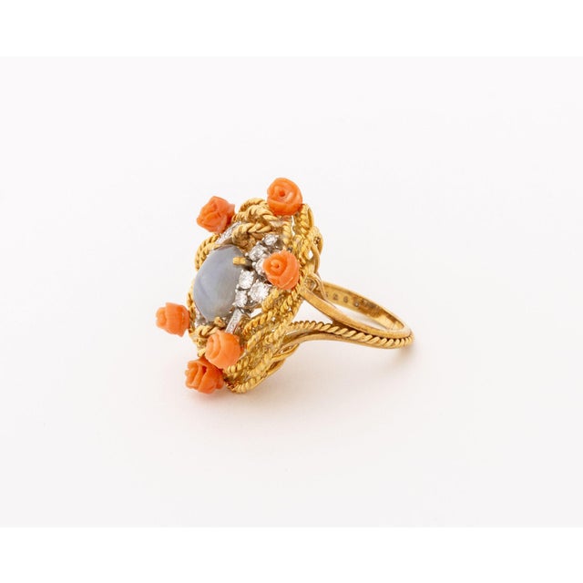 18k Rose Gold Star Sapphire Coral Diamond Ring For Sale In New York - Image 6 of 10