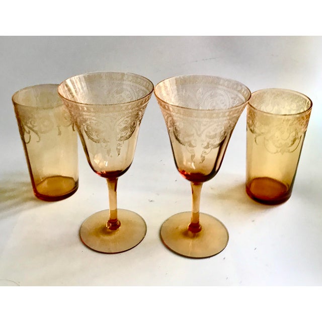 Early 20th Century Antique Needle Etch Amber Crystal Glasses - Set of 4 For Sale - Image 5 of 8