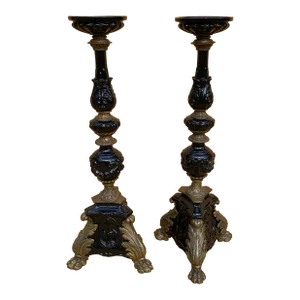 Vintage French Neogothic Altar Torchère Candlestick Set With Black Porcelain- Set of 2