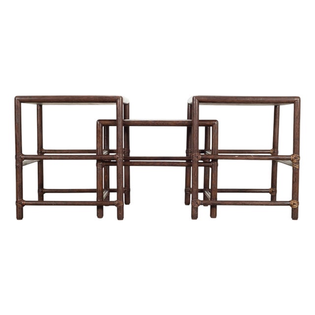Nest of Three McGuire Rattan Cane Raffia and Oak Side Tables For Sale