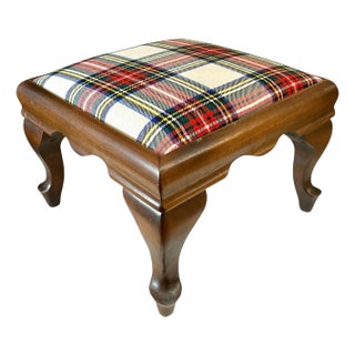 Mid 20th Century Vintage Ralph Lauren Style Mahogany Footstool With Wool Plaid Upholstery For Sale