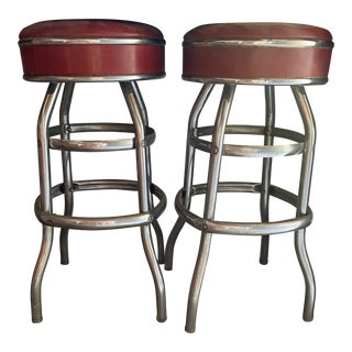 Mid-Century Modern Red Seats Bar Stools - a Pair For Sale